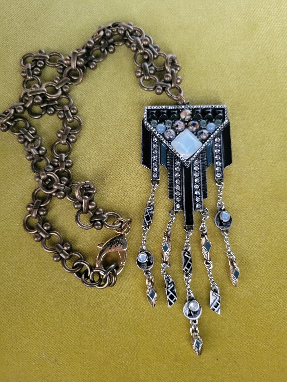 Lulu Frost Citadel Two Tone Fringe Art Deco Chain Necklace with opal milk glass